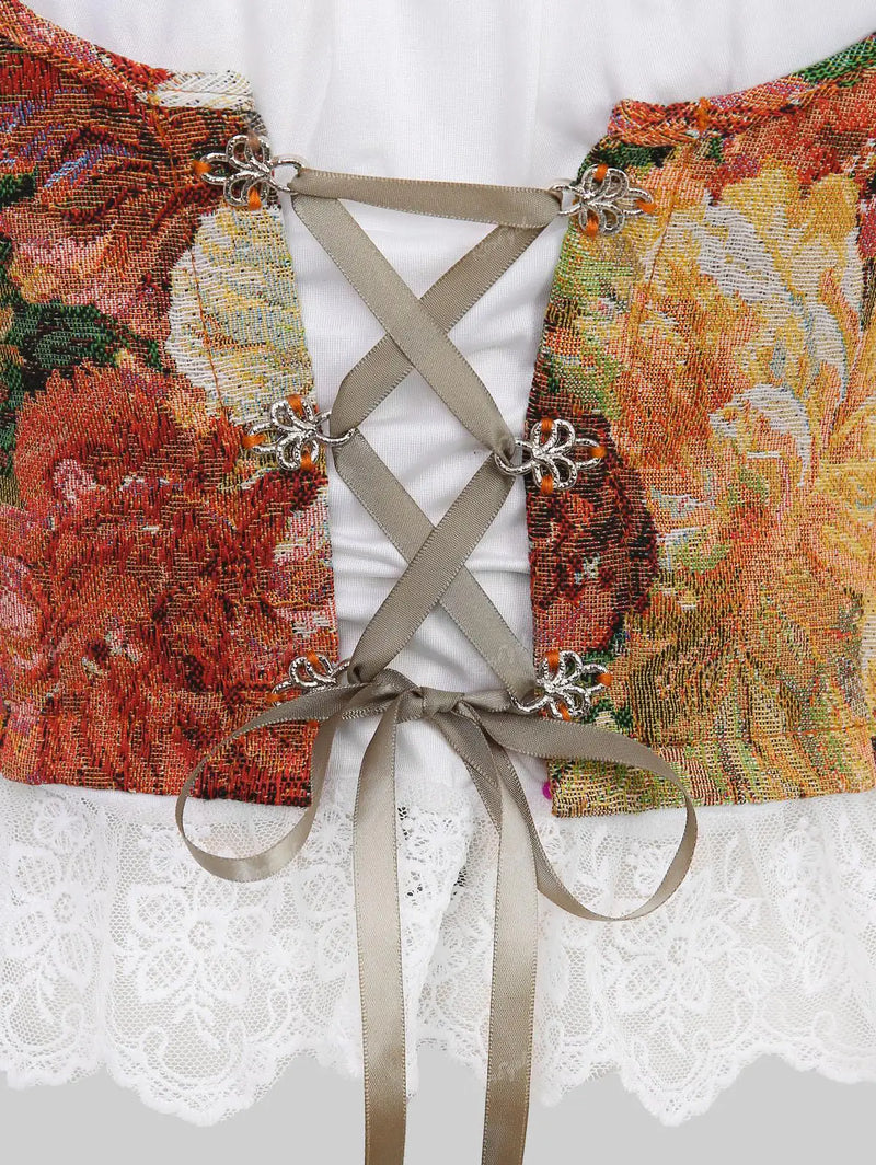 Bunter Korsettgürtel mit Blumenmuster, Schnürung und Spitze, Damenmode, Vintage-Stil.