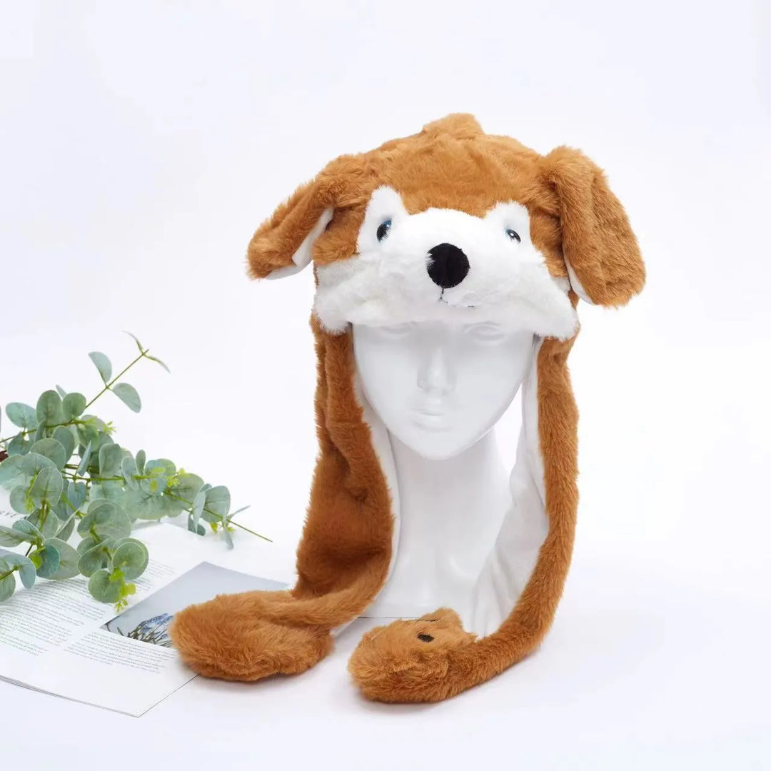 Braune Plüschmütze in Hundeform mit Ohren, Winteraccessoire, warm, weich, modisch.