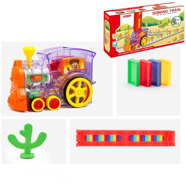 Bunter Domino-Zug Spielzeug mit transparentem Gehäuse, Cactus und Dominosteinen für Kinder.