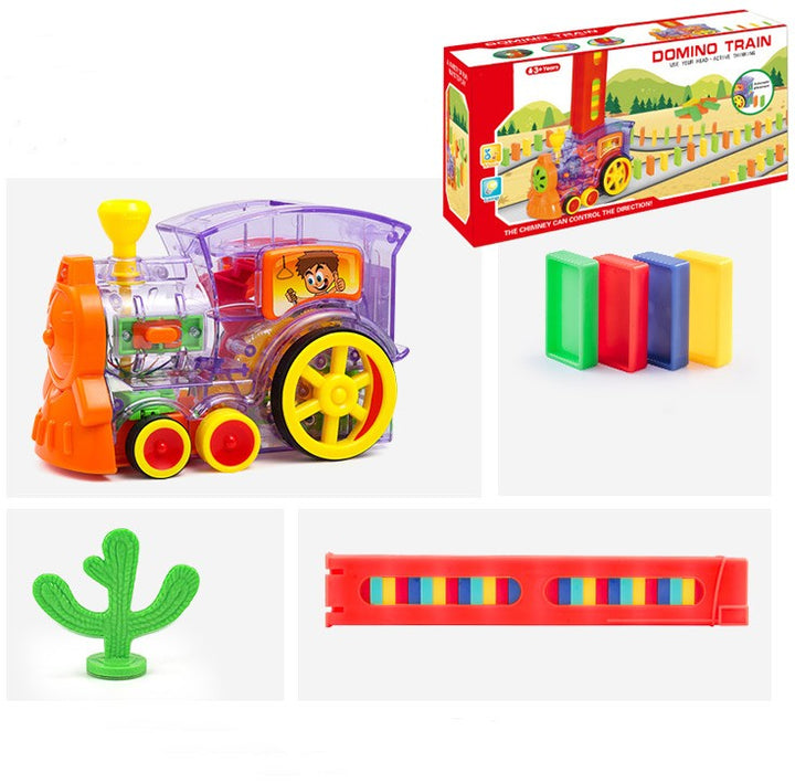 Bunter Domino-Zug Spielzeug mit transparentem Gehäuse, Cactus und Dominosteinen für Kinder.