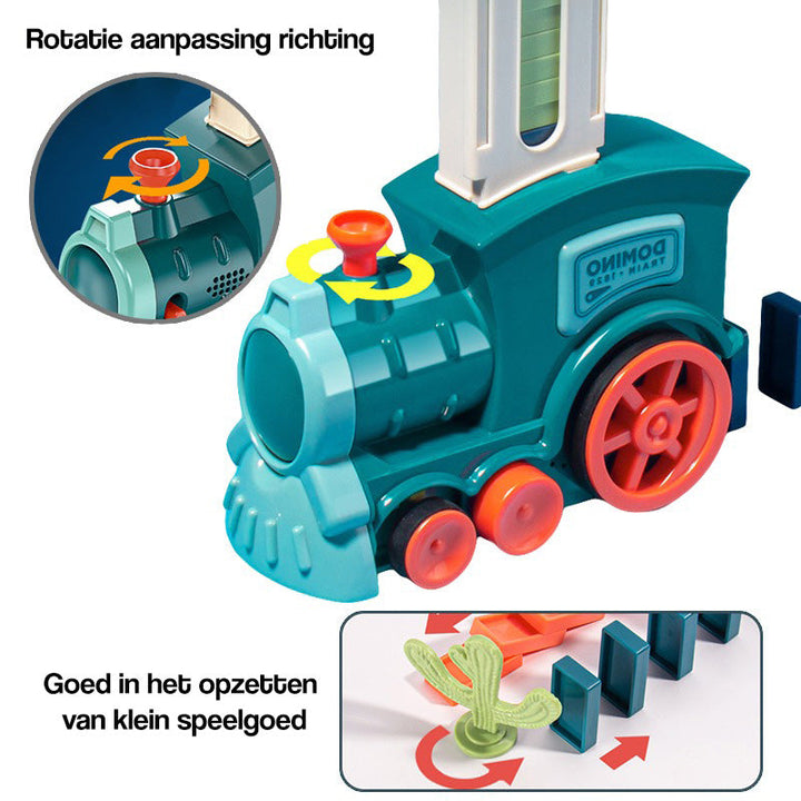 Blauer Domino-Zug Spielzeug, Kunststoff, mit roten Rädern, für Kinder, Domino-Aufsteller.