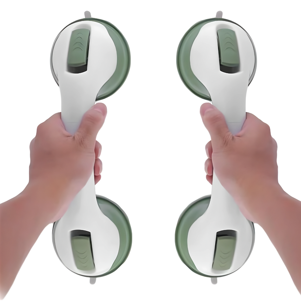 Zwei grüne Saugnapfgriffe, rutschfest, für Badezimmer, Sicherheitsgriff, Kunststoff.