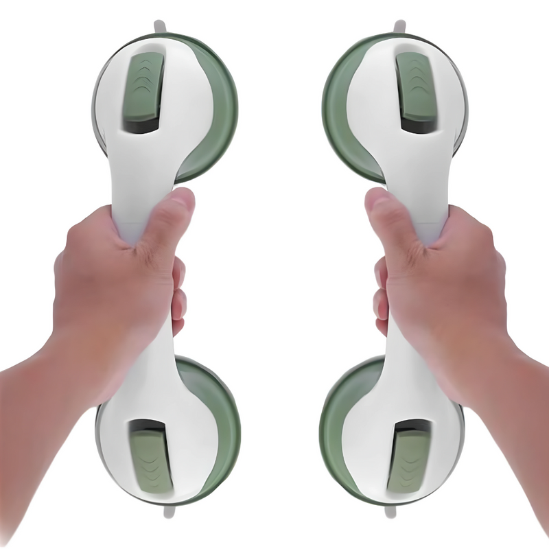 Zwei grüne Saugnapfgriffe, rutschfest, für Badezimmer, Sicherheitsgriff, Kunststoff.