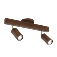 Braune Deckenleuchte mit zwei verstellbaren LED-Spots, modernes Design, Holzoptik.