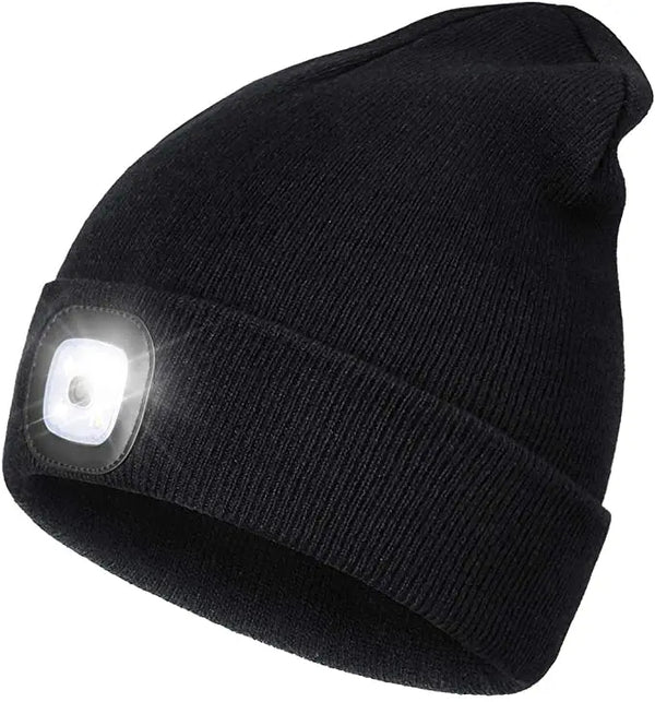 Schwarze LED-Mütze, wiederaufladbar, ideal für Outdoor-Aktivitäten, Unisex-Design.