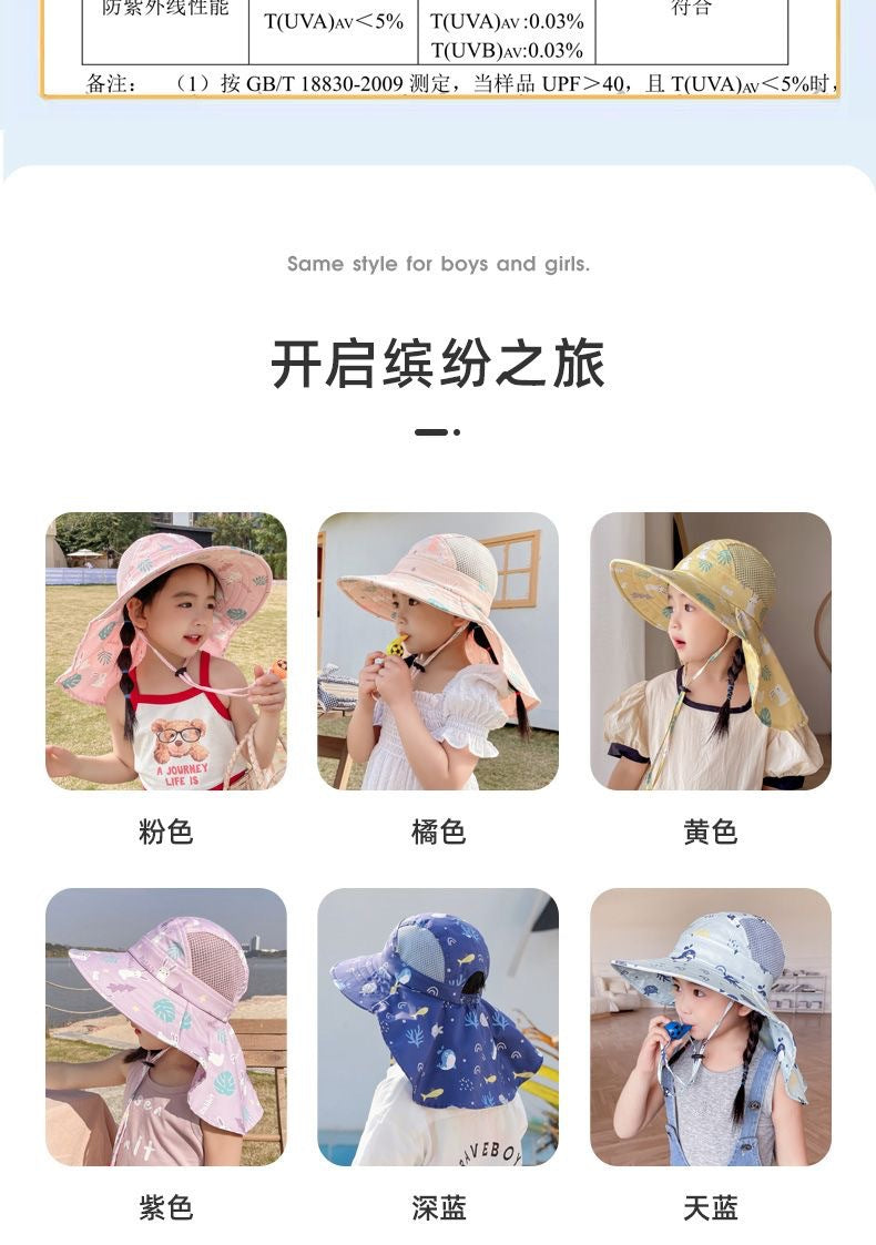 Sechs Kinder-Sonnenhüte in verschiedenen Farben und Designs, idealer UV-Schutz für Sommer.