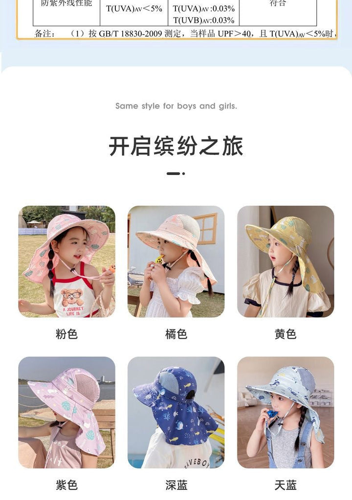 Sechs Kinder-Sonnenhüte in verschiedenen Farben und Designs, idealer UV-Schutz für Sommer.