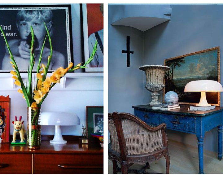 Zwei stilvolle Innenräume mit Tischlampen, Blumen und antiken Möbeln, Vintage-Dekor.