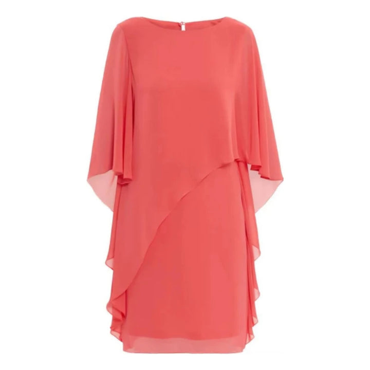 Korallenrotes Chiffon-Kleid, knielang, mit fließenden Ärmeln, elegantes Design für Damen.