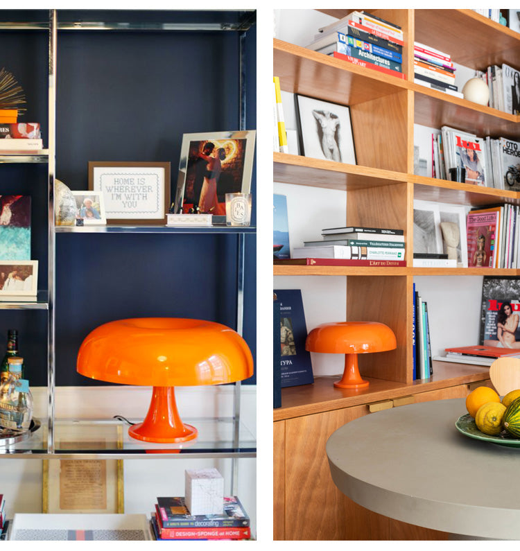 Orangefarbene Pilzlampe auf Bücherregal, modernes Design, Wohnzimmerdekoration, Retro-Stil.