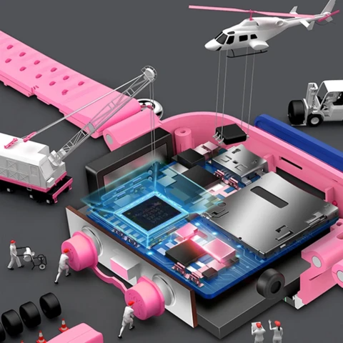 Rosa Smartwatch mit geöffneter Rückseite, zeigt Innenleben, Miniaturfiguren, Hubschrauber.