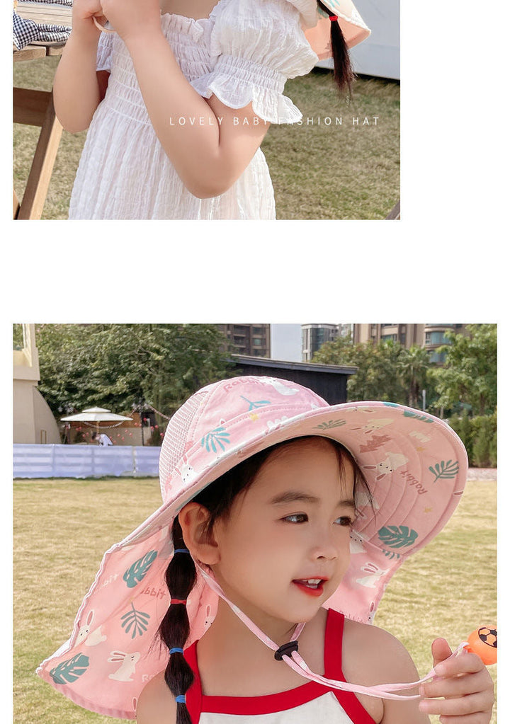 Mädchen mit rosa Sonnenhut, Sommerkleidung, Outdoor, Kinderhut, Sonnenschutz, Freizeitkleidung.