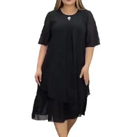 Schwarzes Damenkleid, knielang, Kurzarm, elegantes Design, Plus-Size, Chiffonstoff.