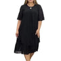 Schwarzes Damenkleid, knielang, Kurzarm, elegantes Design, Plus-Size, Chiffonstoff.