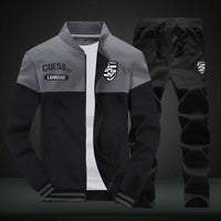 Schwarzer und grauer Herren-Trainingsanzug, Jacke mit Reißverschluss, Sportbekleidung.