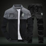 Schwarzer und grauer Herren-Trainingsanzug, Jacke mit Reißverschluss, Sportbekleidung.