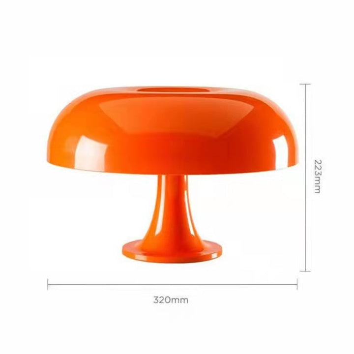 Orange Tischlampe, Pilzform, Kunststoff, Retro-Design, 320mm Breite, 223mm Höhe.