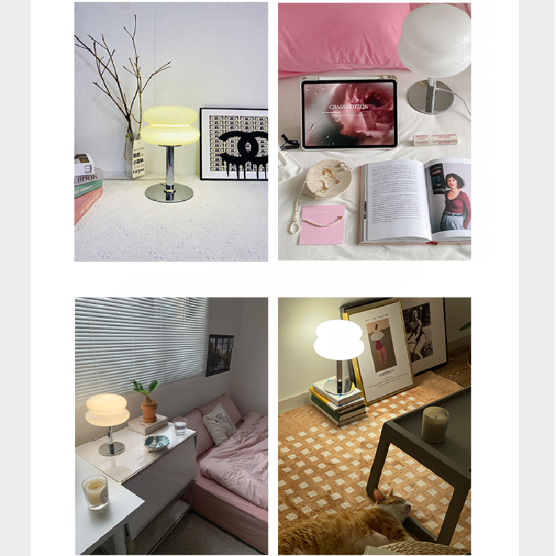 Vier Bilder von modernen Tischlampen in verschiedenen Wohnräumen, mit stilvoller Dekoration.