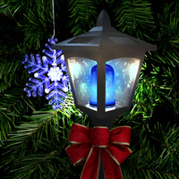 Schwarze Laterne mit roter Schleife, blauer Glühbirne, Weihnachtsbaum, leuchtender Schneeflocke.