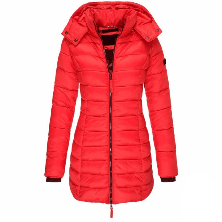 Rote Damen-Daunenjacke mit Kapuze, gesteppte Winterjacke, modisch und warm.