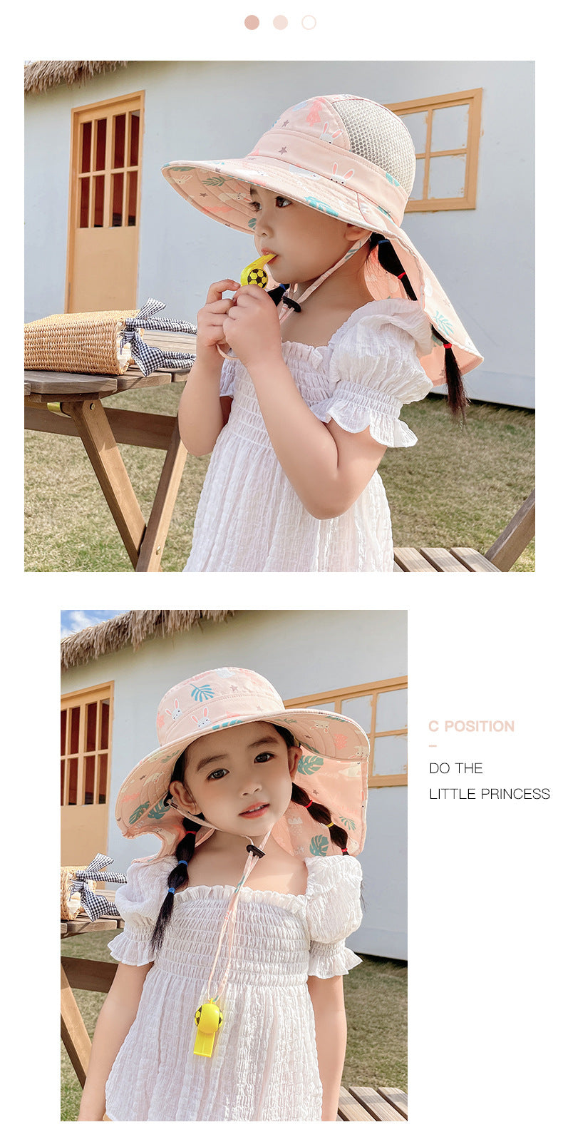 Mädchen mit rosa Sonnenhut und weißem Kleid im Garten, Sommermode für Kinder.