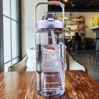 Transparente Wasserflasche mit Zeitmarkierungen, lila Deckel, 1 Liter, BPA-frei, Fitnesszubehör.