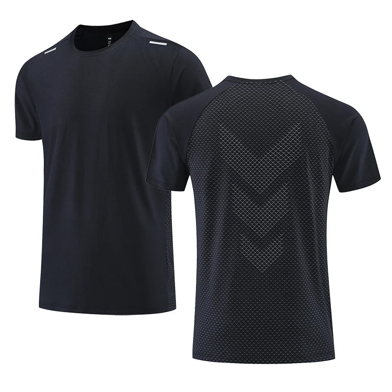 Schwarzes Herren-Sportshirt, atmungsaktiv, Kurzarm, Fitness, Training, Polyester.