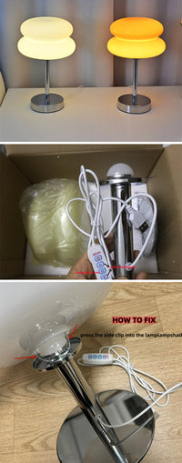 Zwei moderne Tischlampen mit gelbem und weißem Glas, verchromter Sockel, LED-Beleuchtung.