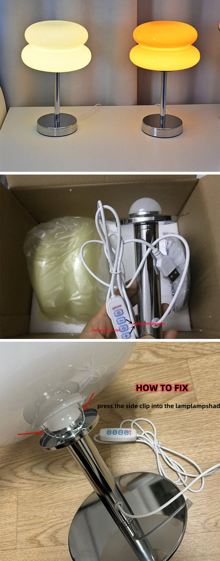 Zwei moderne Tischlampen mit gelbem und weißem Glas, verchromter Sockel, LED-Beleuchtung.