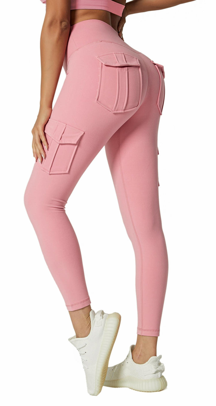Damen rosa Leggings mit Taschen, sportlich, elastisch, bequem, ideal für Fitness und Freizeit.