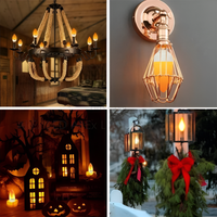 Rustikale Kronleuchter und Wandlampen, Vintage-Stil, warmes Licht, Innen- und Außenbeleuchtung.