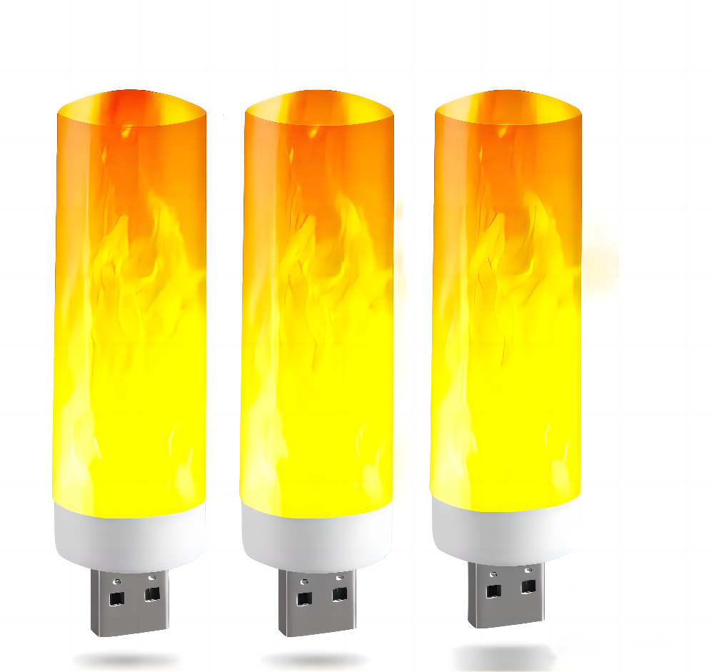 Drei USB-Lampen mit Flammen-Effekt, gelb-orange, LED, dekorativ, energiesparend.