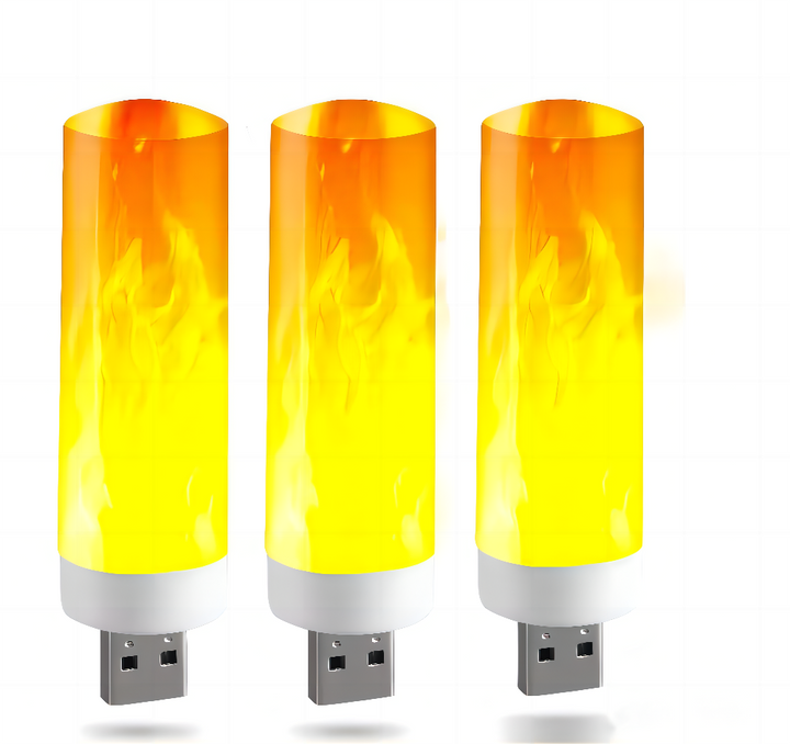 Drei USB-Lampen mit Flammen-Effekt, gelb-orange, LED, dekorativ, energiesparend.