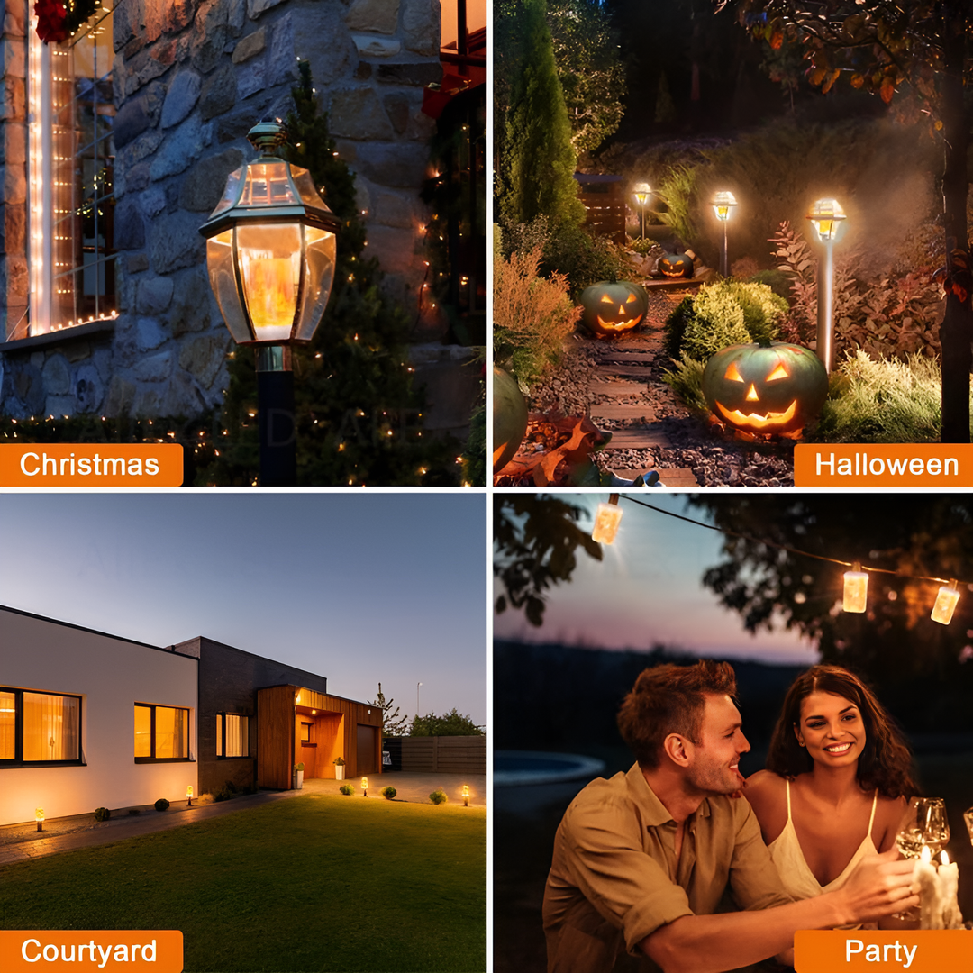 Vier Bilder mit Außenbeleuchtung: Weihnachten, Halloween, Innenhof, Party.