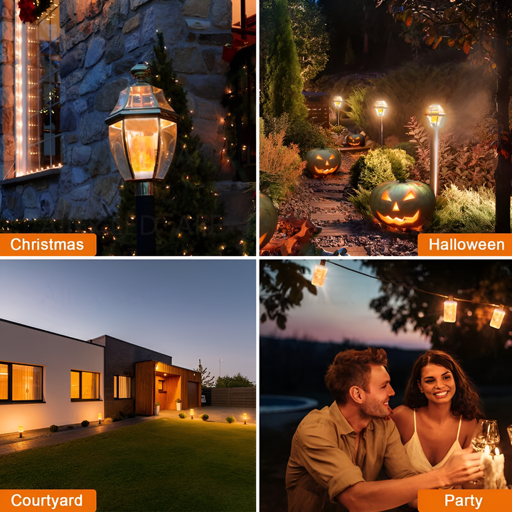 Vier Bilder mit Außenbeleuchtung: Weihnachten, Halloween, Innenhof, Party.