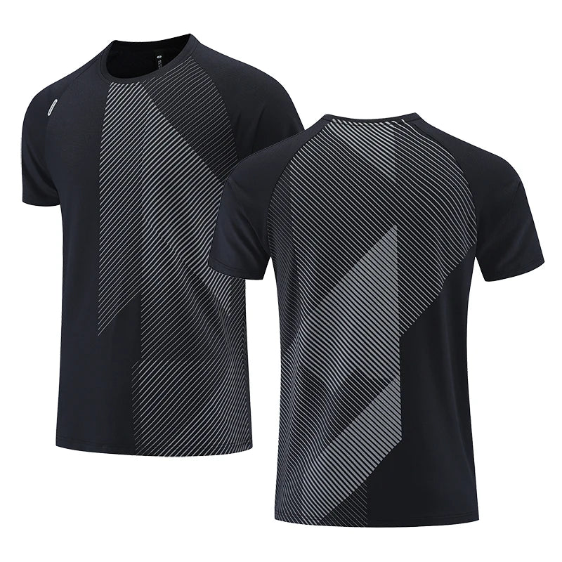 Schwarzes Herren-Sportshirt mit geometrischem Muster, atmungsaktiv, kurzärmelig.