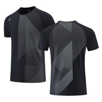 Schwarzes Herren-Sportshirt mit geometrischem Muster, atmungsaktiv, kurzärmelig.