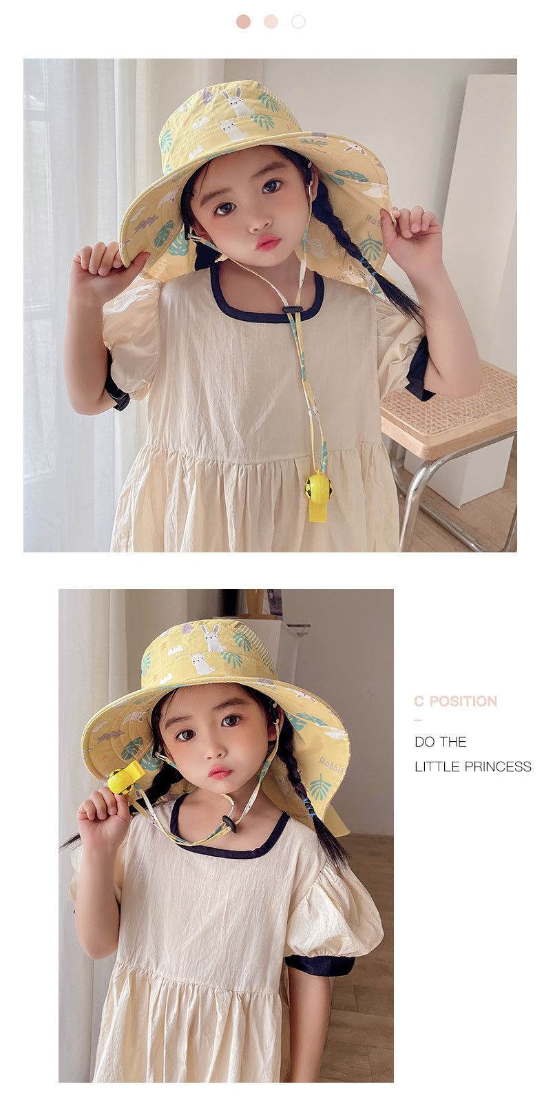 Mädchen in cremefarbenem Kleid mit gelbem Sonnenhut, niedliche Sommermode für Kinder.