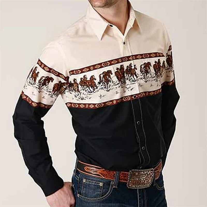 Herrenhemd Westernstil, schwarz-beige, Pferdemuster, Langarm, Cowboymode, Freizeitkleidung.