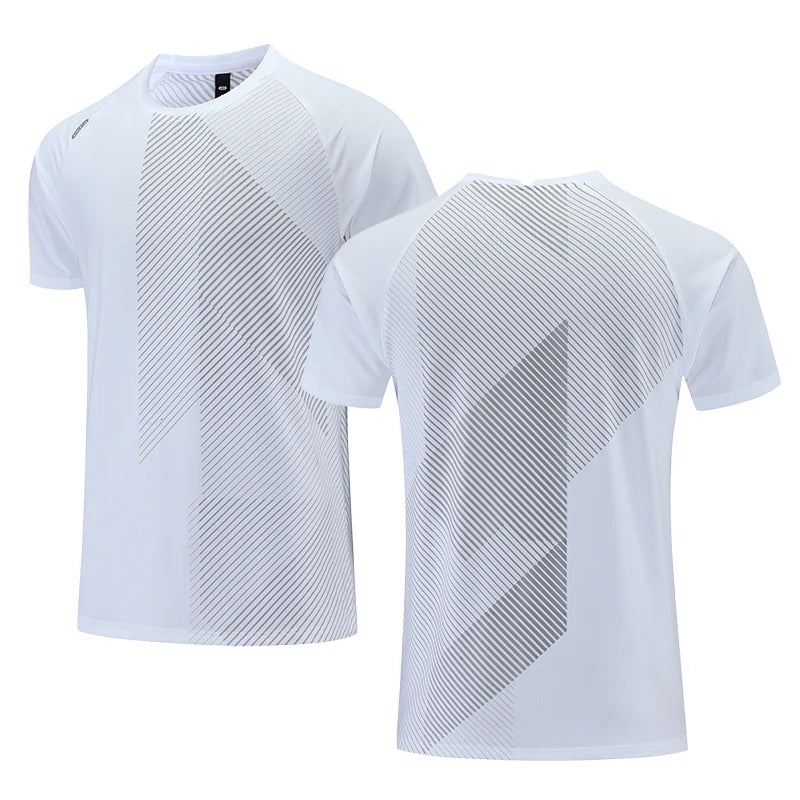 Weiße Sport-T-Shirts mit geometrischem Muster, atmungsaktiv, kurzärmelig, für Herren.