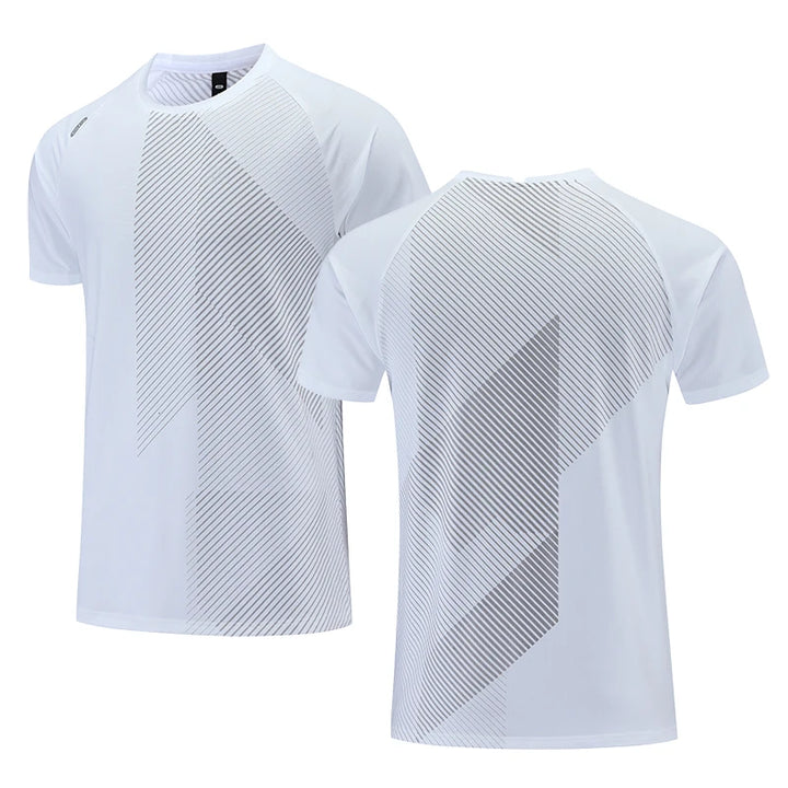 Weiße Sport-T-Shirts mit geometrischem Muster, atmungsaktiv, kurzärmelig, für Herren.