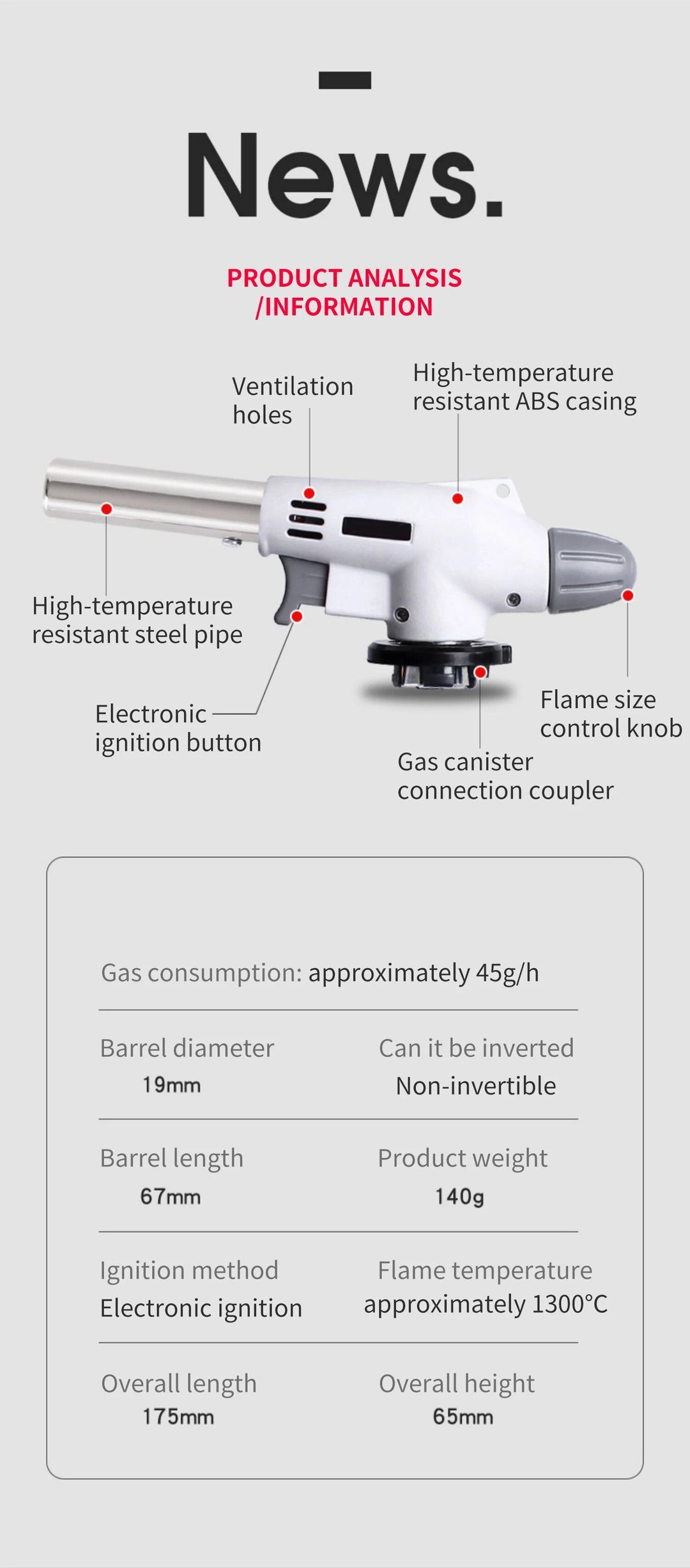 Hochtemperatur-Gasbrenner mit ABS-Gehäuse, Flammenregelung, elektronische Zündung.