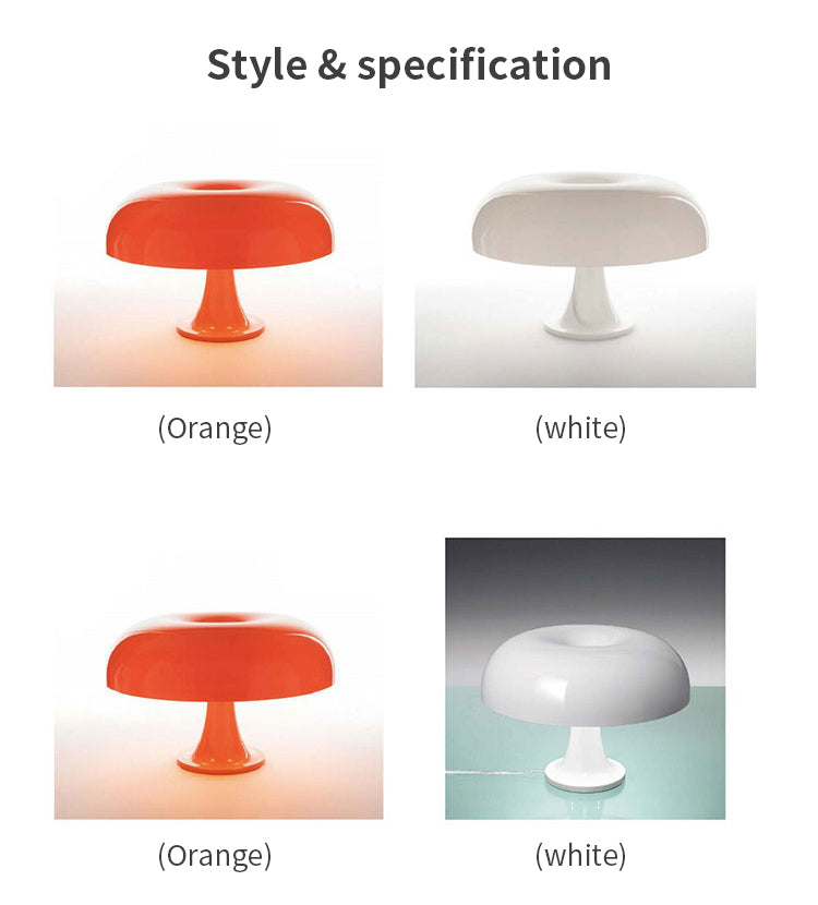 Vier Tischlampen, orange und weiß, modernes Design, Kunststoff, stilvolle Beleuchtung.
