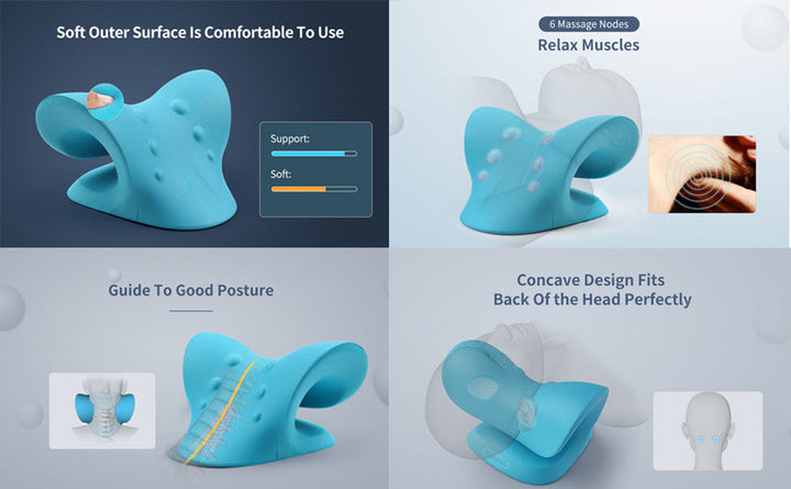 Blaues Nackenstützkissen, ergonomisch, mit Massageknoten, für Entspannung und Haltungskorrektur.