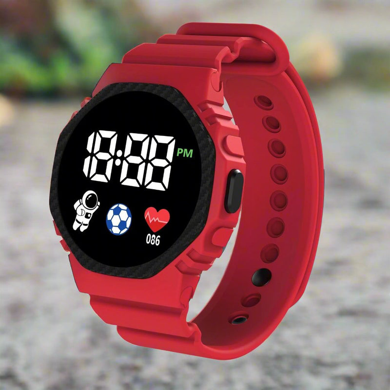 Rote Smartwatch mit Silikonarmband, digitalem Display, Fitness-Tracker, Kinderuhr.