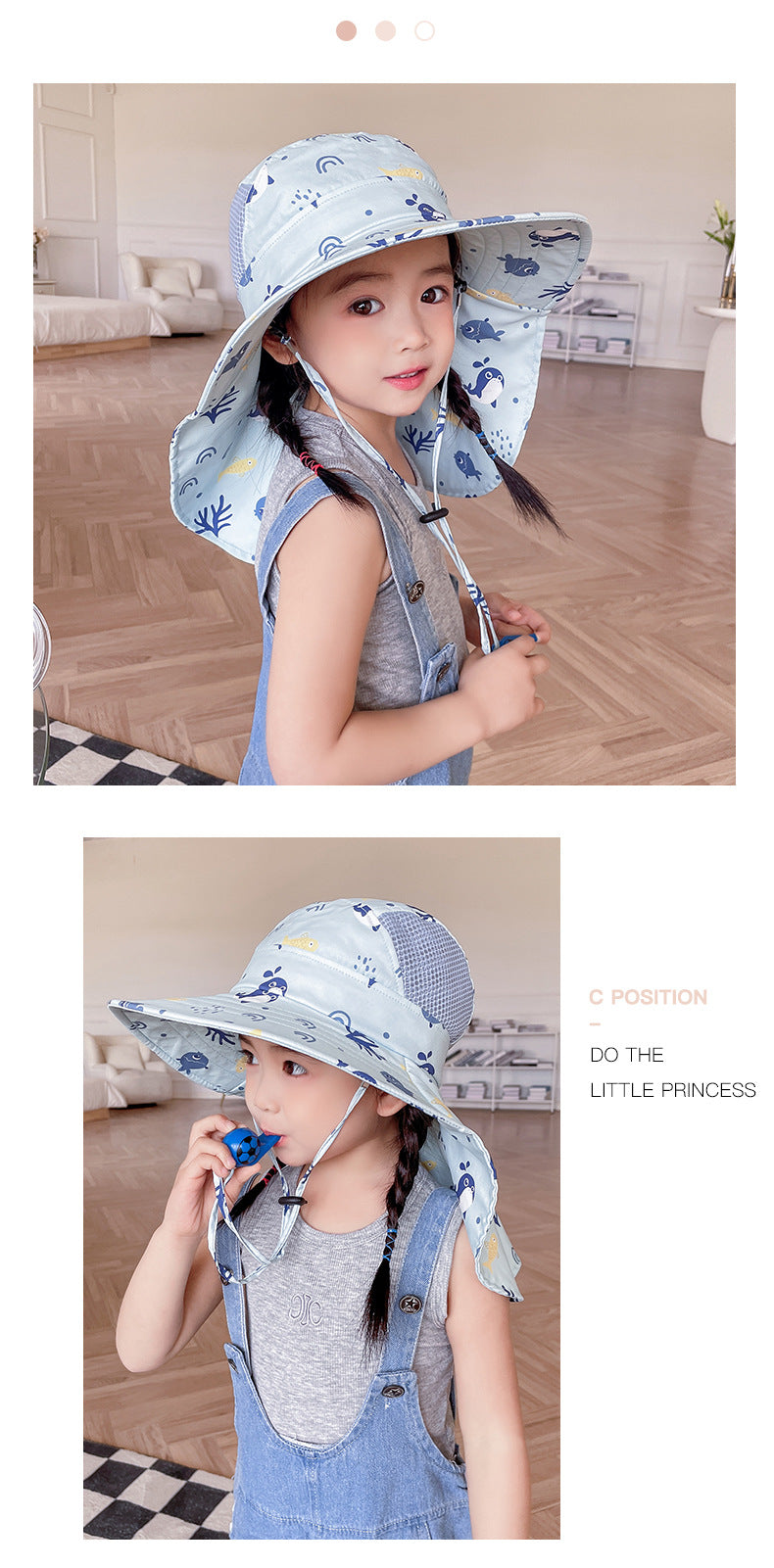 Mädchen mit blauem Sonnenhut und Latzhose im Innenraum, lächelnd, modisch, Kinderkleidung.