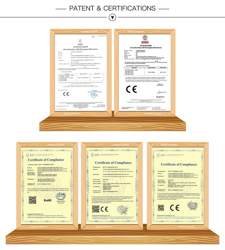 Fünf Zertifikate in Holzrahmen, CE- und RoHS-konform, auf weißem Hintergrund.