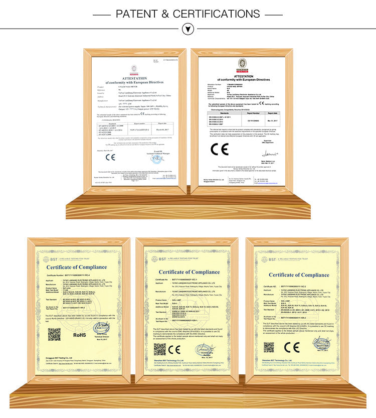 Fünf Zertifikate in Holzrahmen, CE- und RoHS-konform, auf weißem Hintergrund.