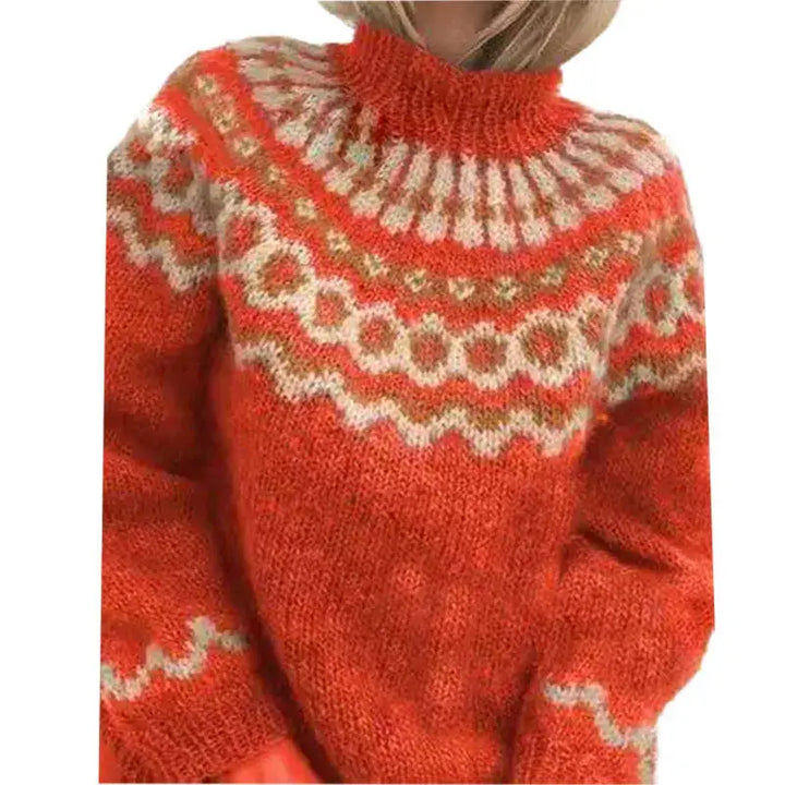 Roter Norwegerpullover Damen, Strickmuster, warm, Wintermode, Wolle, skandinavisches Design.