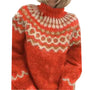 Roter Norwegerpullover Damen, Strickmuster, warm, Wintermode, Wolle, skandinavisches Design.